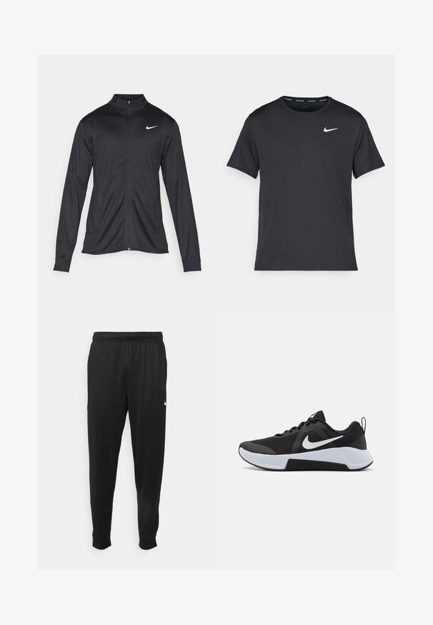Crna sportska jakna s dugim rukavima, ovratnikom i punim patentnim zatvaračem. Ima suptilan Nike logo u bijeloj boji na gornjem lijevom dijelu prsne oznake. Glatka tekstura.; Crna Nike majica za trčanje napravljena od laganog, prozračnog materijala, s kratkim rukavima i malim bijelim logotipom na prsima.; Crne atletske hlače od glatkog materijala, s elastičnom pasicom, sužavajućim nogavicama i malim bijelim logom na lijevoj strani.; Crne sportske cipele s teksturiranim mrežastim gornjim dijelom, bijelim naglascima i elegantnim dizajnom. Imaju gumu potplat i podstavljeni ovratnik.