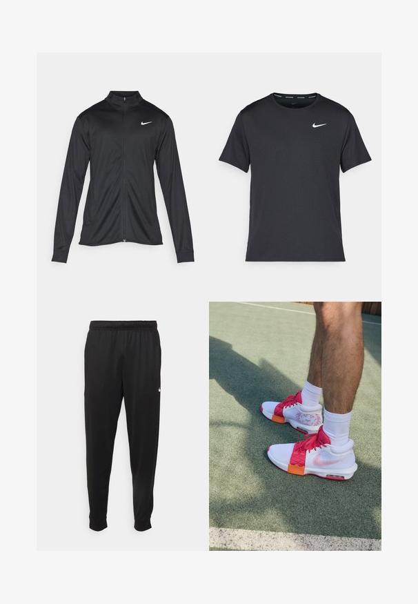 Juodas sportinis švarkas su ilgomis rankovėmis, apykakle ir pilnu užtrauktuku. Yra subtilus baltas Nike logotipas kairėje krūtinės pusėje. Lygus tekstūra.; Juodas Nike bėgimo marškinėlis, pagamintas iš lengvos, kvėpuojančios medžiagos, turintis trumpas rankoves ir mažą baltą logotipą ant krūtinės.; Juodi sportiniai kelnės, pagamintos iš lygaus audinio, turinčios elastinę juosmenį, siaurėjantys sijonai ir mažas baltas logotipas kairėje pusėje.; Baltos ir rožinės sportinės kedai su oranžiniais akcentais, tinklinėmis detalėmis, tekstūruotu paviršiumi ir matomu Nike logotipu, nustatyti ant žalios aikštelės.