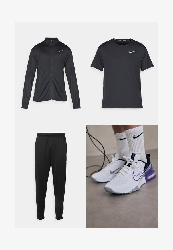 Musta urheilutakki pitkillä hihoilla, kauluksella ja kokonaisella vetoketjulla. Täydentää hienovarainen Nike-logo valkoisena vasemmassa ylärinnassa. Litteä pinta.; Musta Nike juoksupaita, joka on valmistettu kevyestä ja hengittävästä materiaalista. Paidassa on lyhyet hihnat ja pieni valkoinen logo rinnassa.; Mustat urheiluhousut, jotka on valmistettu sileästä kankaasta. Niissä on joustava vyötärö, kapenevat lahkeet ja pieni valkoinen logo vasemmalla puolella.; Valkoiset urheilukengät, joissa on verkkomateriaali, violetit yksityiskohdat ja harmaa pohja. Yhdistettynä valkoisiin ribbiteknisiin sukkiin, joissa on musta logo. Lähellä on johto.