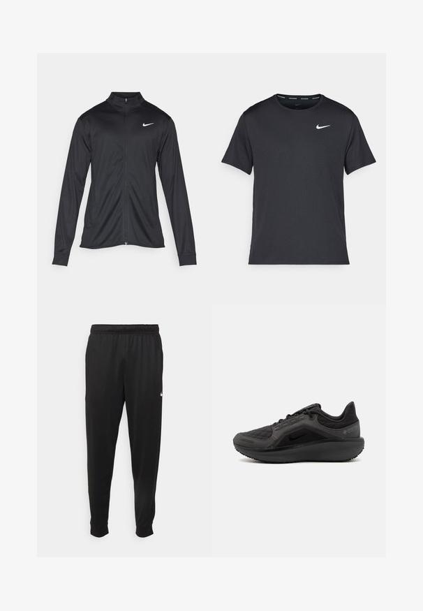Must värvi sportlik jakk pikkade varrukatega, krae ja täispikk tõmblukk. Ülemises vasakus rinnas on diskreetne valge Nike logo. Sile tekstuur.; Mustamust Nike'i jooksupaita, mis on valmistatud kergest ja hingavast materjalist, lühikeste varrukatega ja mille rinnal on väike valge logo.; Mustad mustekad athletic-püksid sujuvast kangast, elastse vöökoha, kitsenevate jalgade ja väikese valge logoga vasakul küljel.; Must have mustandusega mustad sportlikud jalanõud, millel on tekstuurne tikandiga ülemine osa, nutikas disain ja must kummist tallad. Omab nähtavat logo ning Gore-Tex brändingut.