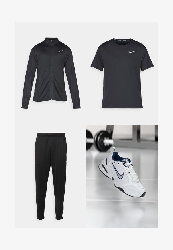Jacket desportivo preto com mangas longas, colarinho e fecho zip completo. Apresenta um discreto logotipo da Nike em branco na parte superior do lado esquerdo do peito. Textura suave.; T-shirt de corrida Nike preto, feito de material leve e respirável, com mangas curtas e um pequeno logo branco no peito.; Calças de desporto pretas feitas de tecido suave, com uma cintura elástica, pernas ajustadas e um pequeno logo branco no lado esquerdo.; Sapatilha atlética branca com um acabamento azul-marinho, parte superior em malha e couro, bico reforçado e sola de borracha preta. Apresenta uma marcação distinta da Nike.