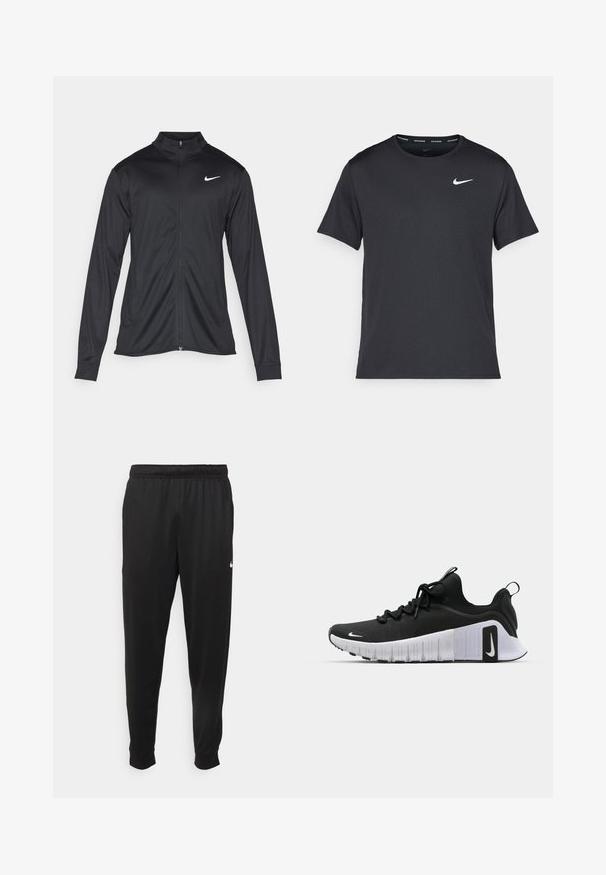 Jachetă sportivă neagră cu mâneci lungi, guler și fermoar complet. Prezintă un logo Nike subtil, alb, pe pieptul din stânga sus. Textură netedă.; Tricou de alergare Nike negru, fabricat dintr-un material ușor și respirabil, cu mâneci scurte și un mic logo alb pe piept.; Pantaloni sportivi negri dintr-o țesătură netedă, cu un elastic la brâu, picioare conice și un mic logo alb pe partea stângă.; Pantofii atletici negri au un piercing texturat, un guler căptușit și o talpă intermediară albă cu fante. Logo-ul este afișat pe lateral și pe limba pantofului.