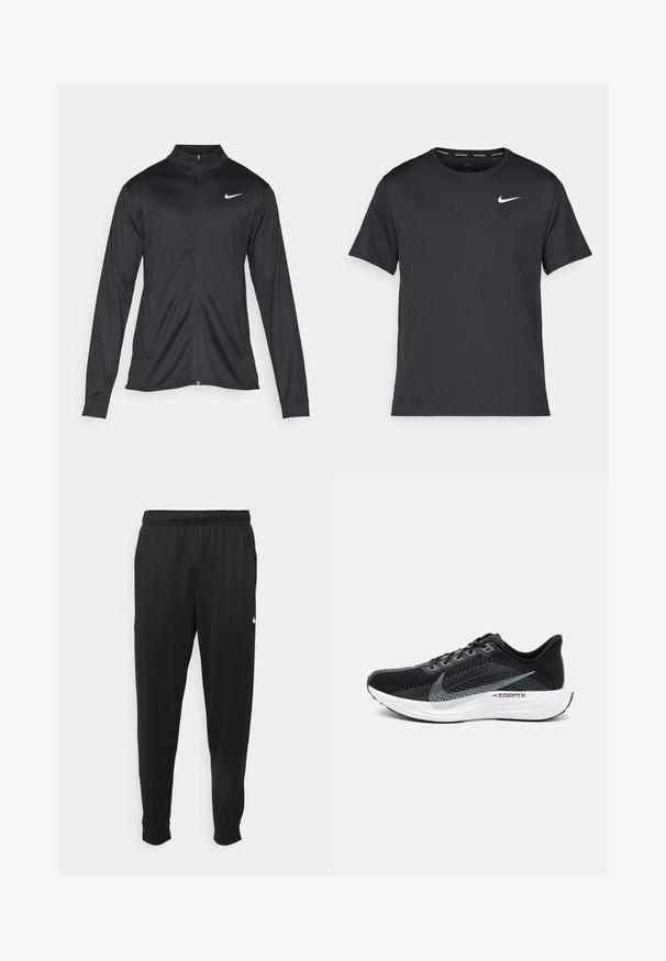 Musta urheilutakki pitkillä hihoilla, kauluksella ja kokonaisella vetoketjulla. Täydentää hienovarainen Nike-logo valkoisena vasemmassa ylärinnassa. Litteä pinta.; Musta Nike juoksupaita, joka on valmistettu kevyestä ja hengittävästä materiaalista. Paidassa on lyhyet hihnat ja pieni valkoinen logo rinnassa.; Mustat urheiluhousut, jotka on valmistettu sileästä kankaasta. Niissä on joustava vyötärö, kapenevat lahkeet ja pieni valkoinen logo vasemmalla puolella.; Mustat urheilukengät, joissa on hengittävä verkkomateriaali ylöspäin, harmaita yksityiskohtia, pehmustettu valkoinen pohja ja tyylikäs, virtaviivainen muotoilu.