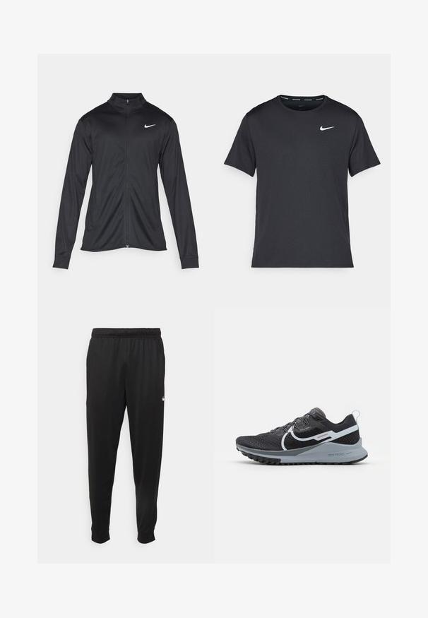 Sort atletisk jakke med lange ærmer, krave og fuld lynlås. Har et diskret Nike-logo i hvidt på den øverste venstre side af brystet. Glat tekstur.; Sort Nike løbe T-shirt lavet af let, åndbart materiale, med korte ærmer og et lille hvidt logo på brystet.; Sorte atletiske bukser lavet af glat stof, med elastisk talje, smalnende ben og et lille hvidt logo på venstre side.; Nike Performance REACT PEGASUS TRAIL 4 - Løbesko trail - black/aura/dark grey/wolf grey
