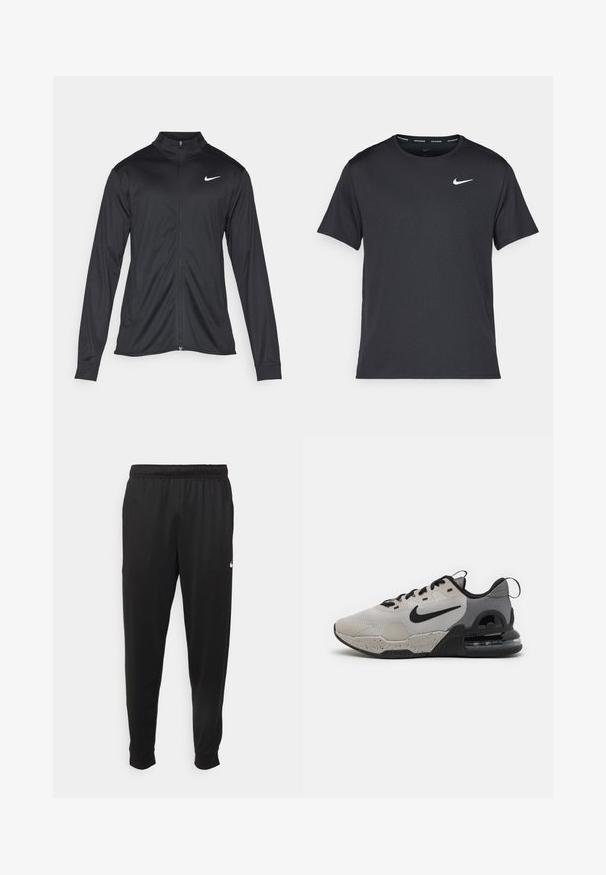 Black athletic jacket with long sleeves, collar, and full zipper. Features a subtle Nike logo in white on the upper left chest. Smooth texture.; Black Nike running T-shirt made of lightweight, breathable material, featuring short sleeves and a small white logo on the chest.; Black athletic pants made of smooth fabric, featuring an elastic waistband, tapered legs, and a small white logo on the left side.; Nike sneakers with a gray and black color scheme, mesh and textured overlays, laces, and a visible air cushion in the sole.