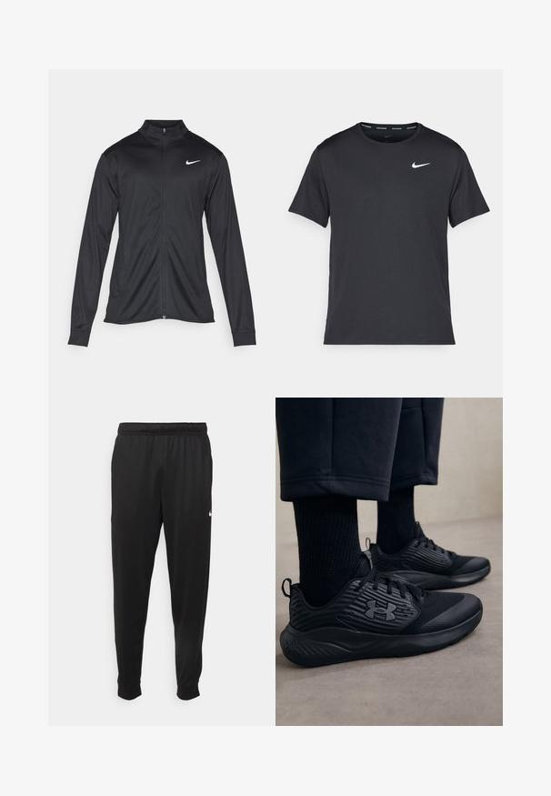 Svart idrettsjakke med lange ermer, krage og full glidelås. Har en subtil Nike-logo i hvitt på øvre venstre bryst. Glatt tekstur.; Svart Nike løpe-T-skjorte laget av lett, pustende stoff, med korte ermer og en liten hvit logo på brystet.; Svarte treningsbukser laget av glatt stoff, med elastisk midje, smale ben og en liten hvit logo på venstre side.; Person som har på seg svarte treningssneakers med teksturerte sider og logo, kombinert med svarte sokker og cropped bukser på et lyst gulv.