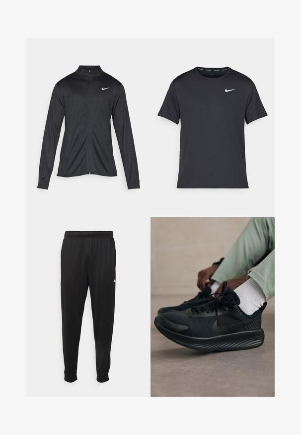 Melna sporta jaka ar garām piedurknēm, apkakli un pilnu rāvējslēdzēju. Uz kreisā krūts augšdaļas ir maigs Nike logo baltā krāsā. Gluda tekstūra.; Melna Nike skriešanas T-kreklā, kas izgatavots no viegla un elpojoša materiāla, ar īsām piedurknēm un mazu baltu logo uz krūtīm.; Melnas sporta bikses, kas izgatavotas no gludas auduma, ar elastīgu jostu, sašaurinošām kājām un mazu balto logo kreisajā pusē.; Melnas Nike skrējēju kurpes ar acu augšdaļu, teksturētu zoli un minimālu zīmolu. Dizains ir elegants un sportisks izskats.