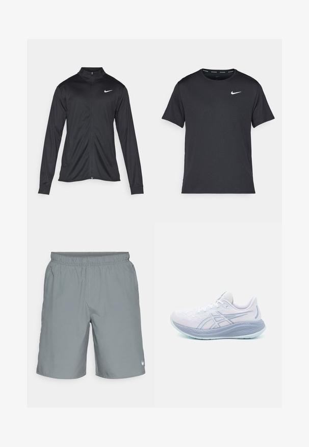Giacca sportiva nera con maniche lunghe, colletto e zip completa. Presenta un logo Nike in bianco sulla parte superiore del lato sinistro del petto. Tessuto morbido.; Maglietta da corsa Nike nera realizzata in materiale leggero e traspirante, con maniche corte e un piccolo logo bianco sul petto.; Pantaloni sportivi grigi con una vita elasticizzata, tasche laterali e un piccolo logo bianco sul lato destro in basso. Texture liscia.; ASICS GEL-CUMULUS 26 - Scarpe da corsa su strada - white/cool grey