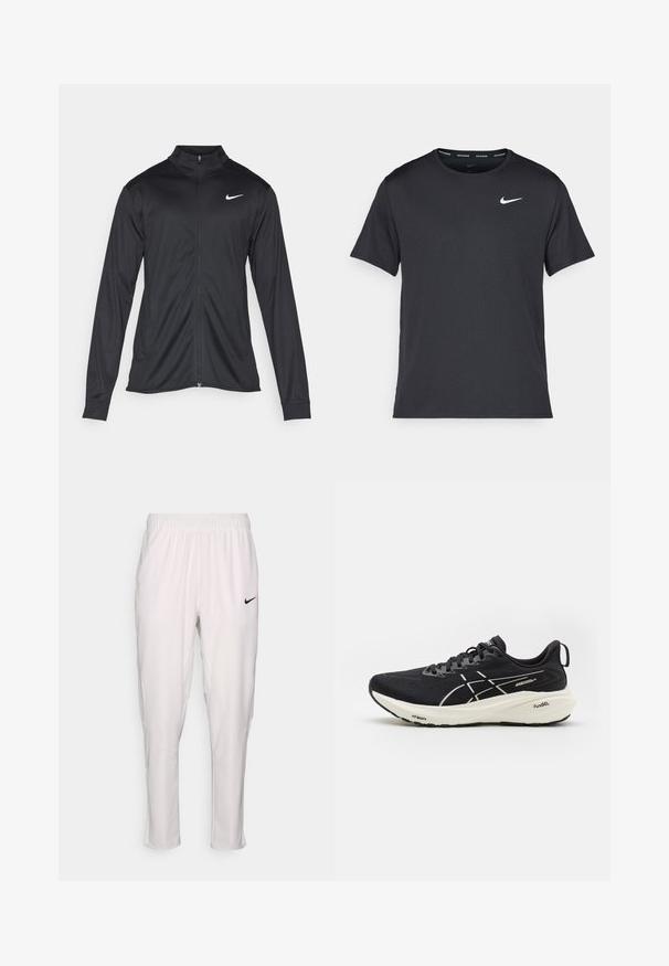 Zwarte sportjack met lange mouwen, kraag en volle rits. Voorzien van een subtiele Nike-logo in het wit op de bovenste linkerborst. Soepele textuur.; Zwarte Nike hardloop T-shirt gemaakt van lichtgewicht, ademend materiaal, met korte mouwen en een klein wit logo op de borst.; Witte sportbroek met een elastische tailleband. Heeft een slim fit, gladde textuur en een klein zwart Nike-logo aan de voorkant.; Zwarte hardloopschoen met een bovenwerk van mesh, witte accenten, een dikke zool en zichtbare cushiontechnologie. Voorzien van veters en een lusje op de hiel.