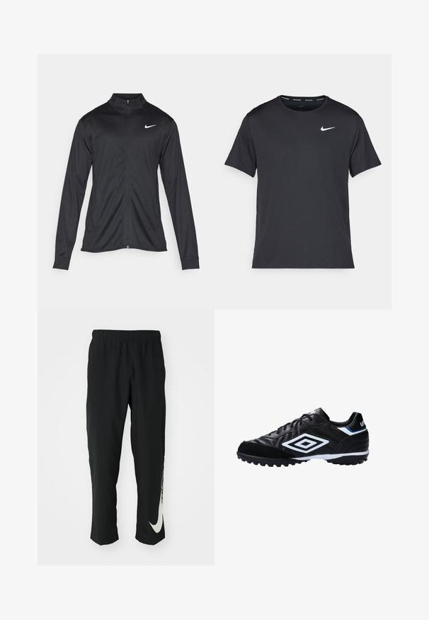 Čierna športová bunda s dlhými rukávmi, golierom a plným zipsom. Obsahuje nenápadné logo Nike v bielej farbe na hornej ľavej hrudi. Hladká textúra.; Čierne bežecké tričko Nike vyrobené z ľahkého a priedušného materiálu, s krátkymi rukávmi a malým bielym logom na hrudi.; Čierne športové nohavice s elastickým pásom, zúžený strih, s veľkým bielym logom Nike na ľavom stehne. Mäkká, ľahká tkanina.; Čierna futbalová topánka s umelou kožou, textúrovaným zvrškom, bielymi a modrými akcentmi, gumovou podrážkou so špicami pre lepšiu trakciu.