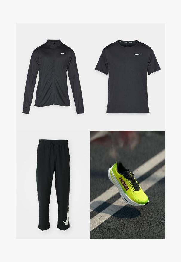 Chaqueta atlética negra con mangas largas, collar y cremallera completa. Presenta un sutil logo de Nike en blanco en la parte superior izquierda del pecho. Textura suave.; Camiseta de running negra de Nike, hecha de material ligero y transpirable, con mangas cortas y un pequeño logo blanco en el pecho.; Pantalones deportivos negros con cinturilla elástica, diseño cónico, que presentan un gran logo blanco de Nike en la pierna izquierda. Tejido suave y ligero.; Zapatilla de correr Hoka con una parte superior de malla en un brillante color amarillo neón, detalles en negro y una entresuela blanca, que presenta un diseño aerodinámico y una superficie texturizada.