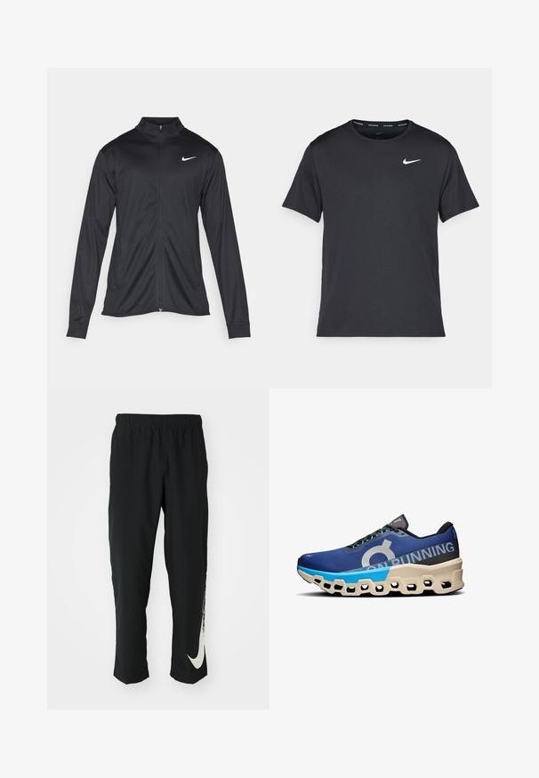 Giacca sportiva nera con maniche lunghe, colletto e zip completa. Presenta un logo Nike in bianco sulla parte superiore del lato sinistro del petto. Tessuto morbido.; Maglietta da corsa Nike nera realizzata in materiale leggero e traspirante, con maniche corte e un piccolo logo bianco sul petto.; Pantaloni sportivi neri con cintura elasticizzata, design affusolato, caratterizzati da un grande logo Nike bianco sulla gamba sinistra. Tessuto morbido e leggero.; Scarpa da corsa con tomaia in rete blu, dettagli neri, grande logo e una suola distintiva di colore crema con ritagli esagonali.