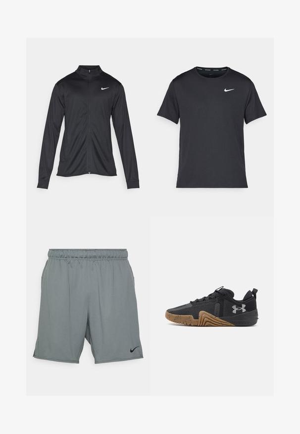 Jacket desportivo preto com mangas longas, colarinho e fecho zip completo. Apresenta um discreto logotipo da Nike em branco na parte superior do lado esquerdo do peito. Textura suave.; T-shirt de corrida Nike preto, feito de material leve e respirável, com mangas curtas e um pequeno logo branco no peito.; Calções atléticos cinzas feitos de um tecido com textura suave. Apresentam uma cintura elástica e bolsos laterais, com um logo preto da Nike.; Sapatilhas pretas de desporto com parte superior em malha, sola de borracha texturizada e realces em fitas. Apresenta um logotipo proeminente na lateral e um design de bico arredondado.