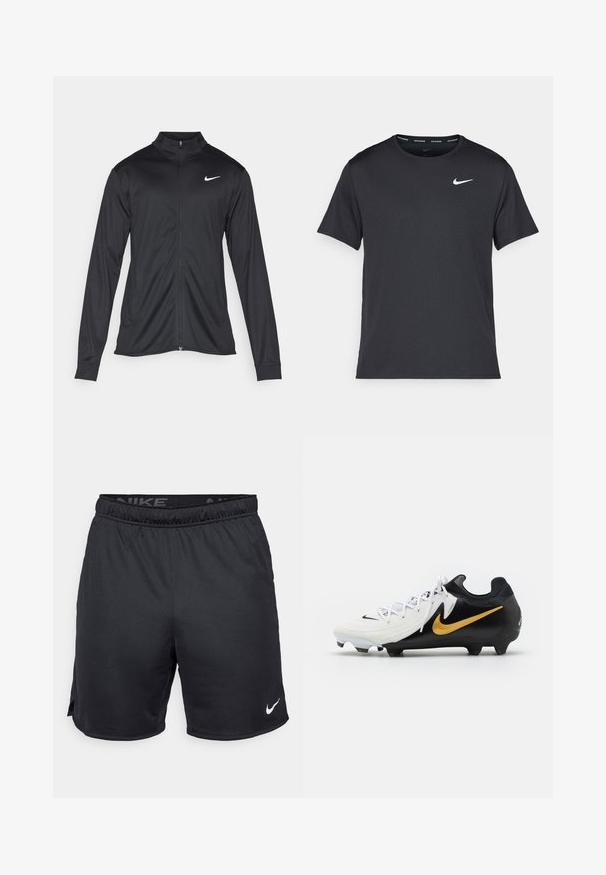 Czarna sportowa kurtka z długimi rękawami, kołnierzem i pełnym zamkiem. Posiada subtelne logo Nike w białym kolorze na lewej górnej części klatki piersiowej. Gładka tekstura.; Czarna koszulka do biegania Nike z lekkiego, oddychającego materiału, z krótkimi rękawami i małym białym logo na piersi.; Czarne szorty Nike z elastycznym pasem, bocznymi rozcięciami i białym logo Nike na dolnym brzegu. Wykonane z lekkiej, teksturowanej tkaniny.; Korki piłkarskie Nike z białą cholewką z teksturowanymi paskami, czarnym piętą i podeszwą oraz złotym logo Swoosh z boku.