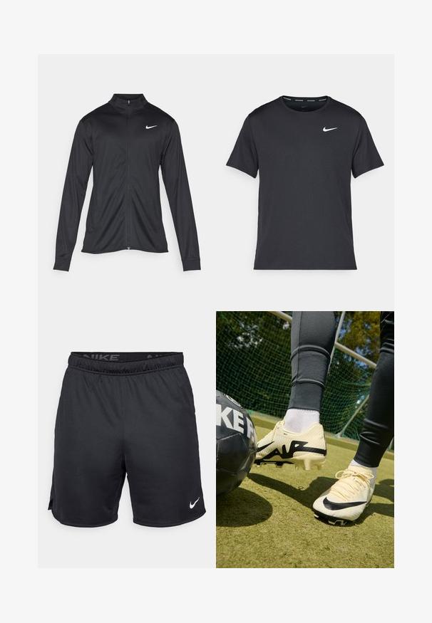 Czarna sportowa kurtka z długimi rękawami, kołnierzem i pełnym zamkiem. Posiada subtelne logo Nike w białym kolorze na lewej górnej części klatki piersiowej. Gładka tekstura.; Czarna koszulka do biegania Nike z lekkiego, oddychającego materiału, z krótkimi rękawami i małym białym logo na piersi.; Czarne szorty Nike z elastycznym pasem, bocznymi rozcięciami i białym logo Nike na dolnym brzegu. Wykonane z lekkiej, teksturowanej tkaniny.; Korki piłkarskie Nike w kolorze kremowym z czarnymi akcentami, teksturowana cholewka, wyraźne logo i stożkowate kołki. W pobliżu czarna piłka nożna na powierzchni trawy.