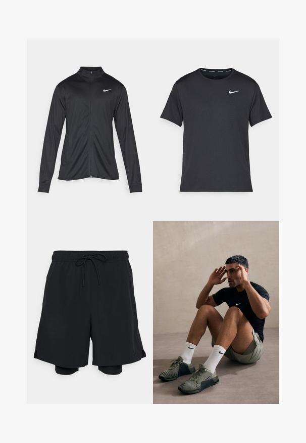 Black athletic jacket with long sleeves, collar, and full zipper. Features a subtle Nike logo in white on the upper left chest. Smooth texture.; Black Nike running T-shirt made of lightweight, breathable material, featuring short sleeves and a small white logo on the chest.; Black athletic shorts made of lightweight fabric, featuring an elastic waistband with drawstring, and a fitted inner short.; Lightweight athletic shoes in olive green with a textured mesh upper, black accents, and visible lacing. Worn with white socks and shorts.