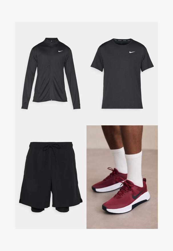 Crna sportska jakna s dugim rukavima, ovratnikom i punim patentnim zatvaračem. Ima suptilan Nike logo u bijeloj boji na gornjem lijevom dijelu prsne oznake. Glatka tekstura.; Crna Nike majica za trčanje napravljena od laganog, prozračnog materijala, s kratkim rukavima i malim bijelim logotipom na prsima.; Crne sportske kratke hlače napravljene od lagane tkanine, s elastičnom waistline i vezicom, te prilagođenim unutarnjim hlačama.; Crvene teksturirane tenisice s crnim Nike swooshom, bijelom potplatima i crnim detaljima, uparene s bijelim rebrastim čarapama.
