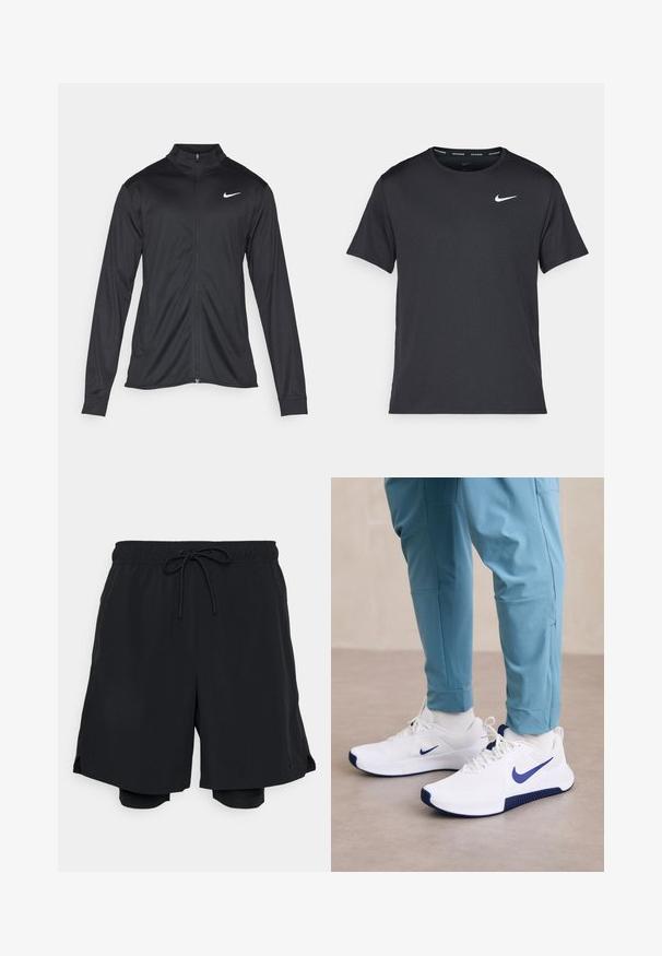 Black athletic jacket with long sleeves, collar, and full zipper. Features a subtle Nike logo in white on the upper left chest. Smooth texture.; Black Nike running T-shirt made of lightweight, breathable material, featuring short sleeves and a small white logo on the chest.; Black athletic shorts made of lightweight fabric, featuring an elastic waistband with drawstring, and a fitted inner short.; White athletic shoes with a blue Nike swoosh, textured upper, and blue accents on the sole are paired with light blue athletic pants.