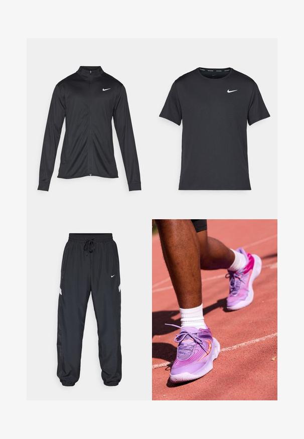 Sort atletisk jakke med lange ærmer, krave og fuld lynlås. Har et diskret Nike-logo i hvidt på den øverste venstre side af brystet. Glat tekstur.; Sort Nike løbe T-shirt lavet af let, åndbart materiale, med korte ærmer og et lille hvidt logo på brystet.; Sorte træningsbukser med elastisk talje, justerbar snor, sidelommer og kontrasterende hvide striber langs siderne.; Nike Performance GIANNIS IMMORTALITY 4 - Basketsko - black raspberry/aster pink/hot punch