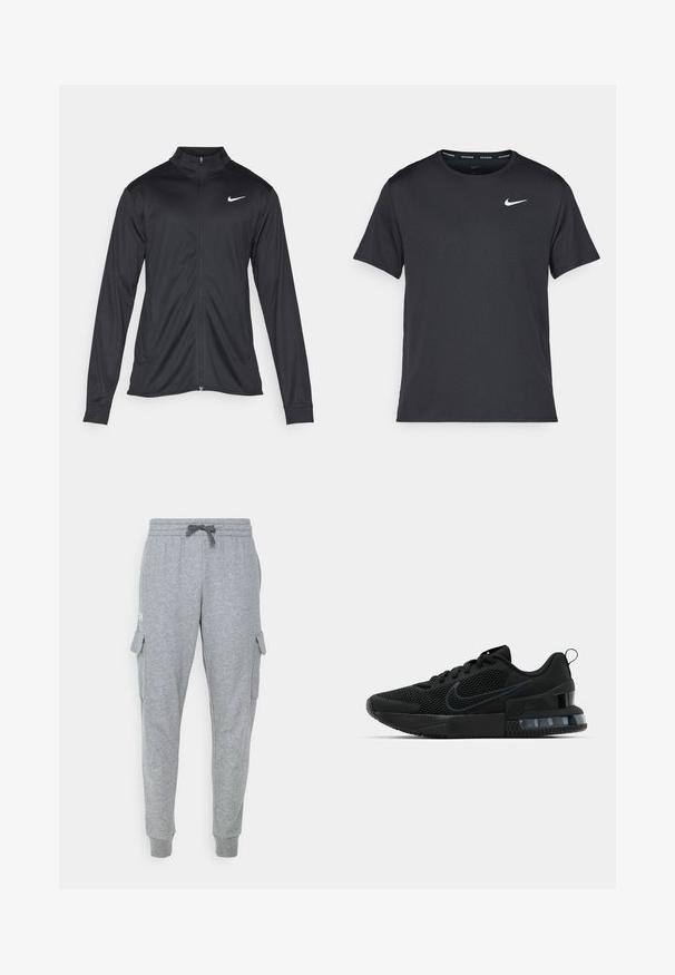 Fekete sportdzseki hosszú ujjal, gallérral és teljes cipzárral. Diszkrét fehér Nike logóval az upper bal mellen. Sima textúra.; Fekete Nike futó póló, könnyű, légáteresztő anyagból készült, rövid ujjú, és a mellkasán egy kicsi fehér logó található.; Szürke melegítőnadrág puha anyagból, rugalmas derekú, zsinórral állítható, zsebes kivitelben, bordázott mandzsetta részletekkel.; Fekete Nike sportcipő, hálós felsőrésszel, gumitalppal, párnázott nyakkal és jellegzetes átlátszó sarokbetéttel.