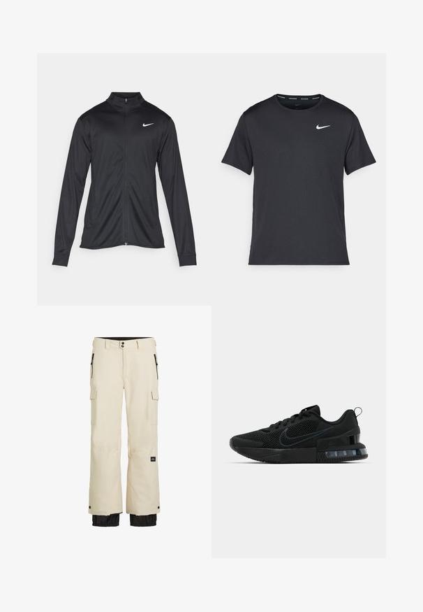 Crna sportska jakna s dugim rukavima, ovratnikom i punim patentnim zatvaračem. Ima suptilan Nike logo u bijeloj boji na gornjem lijevom dijelu prsne oznake. Glatka tekstura.; Crna Nike majica za trčanje napravljena od laganog, prozračnog materijala, s kratkim rukavima i malim bijelim logotipom na prsima.; Bež cargo hlače s crnim donjim dijelom, s elastičnim manžetama, višestrukim džepovima i zatvaranjem na patentni zatvarač. Izrađene od izdržljivog, vodootpornog materijala.; Crne Nike sportske tenisice s mrežastim gornjim dijelom, gumenim potplatom, podstavljenim ovratnikom i istaknutim prozirnim akcentom na peti.