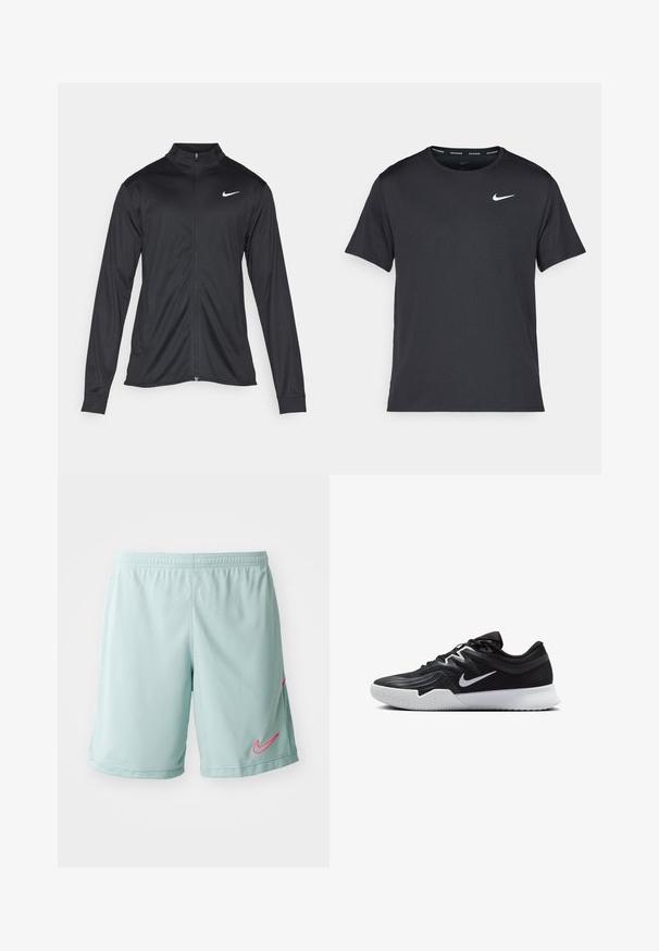 Crna sportska jakna s dugim rukavima, ovratnikom i punim patentnim zatvaračem. Ima suptilan Nike logo u bijeloj boji na gornjem lijevom dijelu prsne oznake. Glatka tekstura.; Crna Nike majica za trčanje napravljena od laganog, prozračnog materijala, s kratkim rukavima i malim bijelim logotipom na prsima.; Svijetloplave atletske šorceve s mrežastom teksturom, s ružičastim Nike logotipom s lijeve strane i elastičnom trakicom u struku.; Crna sportska cipela s teksturiranim gornjim dijelom, bijelim Nike swooshom i bijelim gumennim potplatom. Ima dizajn s vezanjem i dinamičan oblik.