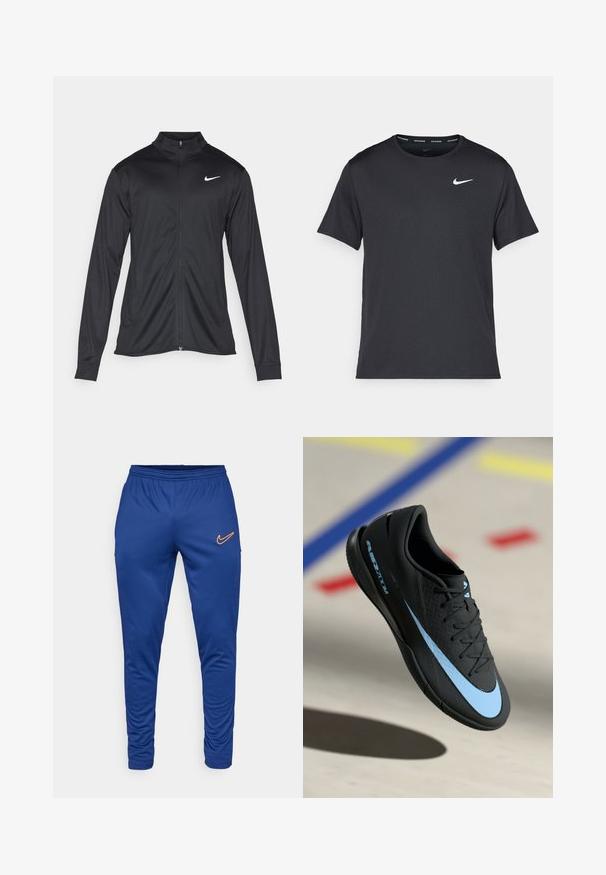 Black athletic jacket with long sleeves, collar, and full zipper. Features a subtle Nike logo in white on the upper left chest. Smooth texture.; Black Nike running T-shirt made of lightweight, breathable material, featuring short sleeves and a small white logo on the chest.; Blue athletic pants made of smooth fabric, featuring an elastic waistband and a small orange Nike logo on the left thigh.; Black athletic shoe with blue accents, textured surface, lace-up design, and distinctive Nike logo. Rubber sole with grip patterns.