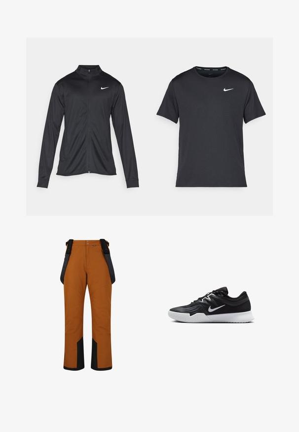 Zwarte sportjack met lange mouwen, kraag en volle rits. Voorzien van een subtiele Nike-logo in het wit op de bovenste linkerborst. Soepele textuur.; Zwarte Nike hardloop T-shirt gemaakt van lichtgewicht, ademend materiaal, met korte mouwen en een klein wit logo op de borst.; Bruine waterdichte broek met zwarte accenten, verstelbare bretels en een knoopsluiting. Heeft versterkte stiksels en taps toelopende broekspijpen.; Zwarte sportieve schoen met een gestructureerde bovenkant, witte Nike swoosh en een witte rubberen zool. Beschikt over een veterontwerp en een dynamische vorm.
