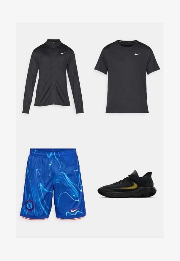 Musta urheilutakki pitkillä hihoilla, kauluksella ja kokonaisella vetoketjulla. Täydentää hienovarainen Nike-logo valkoisena vasemmassa ylärinnassa. Litteä pinta.; Musta Nike juoksupaita, joka on valmistettu kevyestä ja hengittävästä materiaalista. Paidassa on lyhyet hihnat ja pieni valkoinen logo rinnassa.; Siniset urheilushortsit, joissa on aaltoileva, vaaleansininen kuvio, oranssi Nike-logo ja Chelsea FC -embleemi. Valmistettu hengittävästä kankaasta.; Musta ja tummanharmaa urheilukenkä mustilla nauhoilla ja kultaisella swoosh-logolla, jossa on aaltoileva pohjakuvio ja pehmustettu kantapään kaulus.