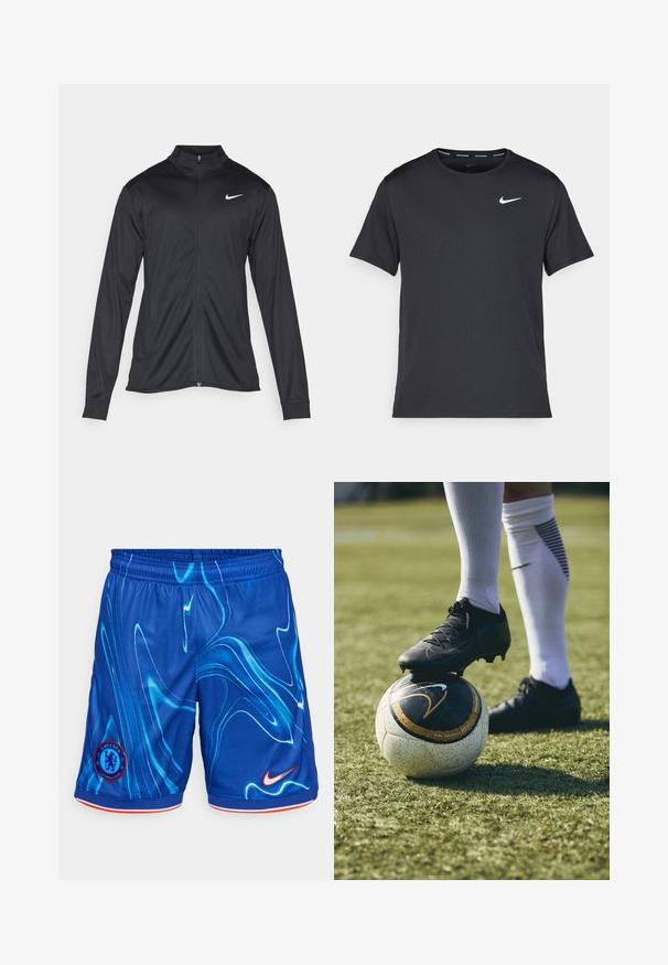 Svart idrottsjacka med långa ärmar, krage och full dragkedja. Har en diskret Nike-logga i vitt på övre vänstra bröstet. Slät yta.; Svart Nike löpeshirt i lätt, andningsbart material, med korta ärmar och en liten vit logotyp på bröstet.; Blå atletiska shorts med ett vågigt, ljusblått mönster, Nike-logga i orange och Chelsea FC-emblem. Tillverkade av ett andningsbart material.; Svart fotbollssko på en vit och svart mönstrad fotboll, vilande på grön gräs. Skon har texturerat material och snören.