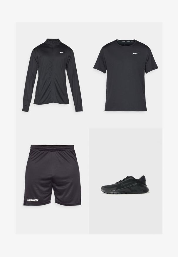 Black athletic jacket with long sleeves, collar, and full zipper. Features a subtle Nike logo in white on the upper left chest. Smooth texture.; Black Nike running T-shirt made of lightweight, breathable material, featuring short sleeves and a small white logo on the chest.; Black athletic shorts made of smooth, lightweight fabric. Features an elastic waistband and the "HUMMEL" logo in white on the left leg.; Black Nike running shoe with mesh upper, lace-up design, cushioned sole, and Nike swoosh logo on side, shown in profile on a white background.