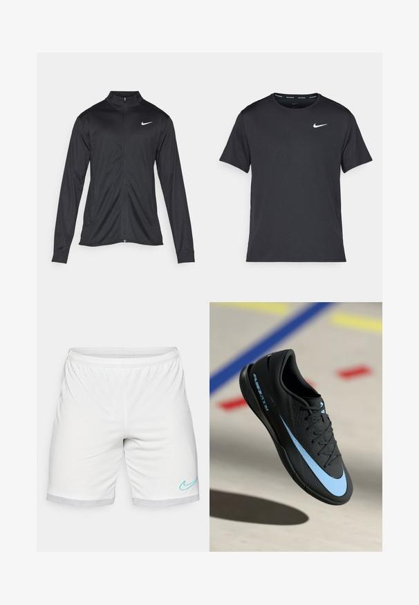 Čierna športová bunda s dlhými rukávmi, golierom a plným zipsom. Obsahuje nenápadné logo Nike v bielej farbe na hornej ľavej hrudi. Hladká textúra.; Čierne bežecké tričko Nike vyrobené z ľahkého a priedušného materiálu, s krátkymi rukávmi a malým bielym logom na hrudi.; Biele športové šortky s elastickým pásom, sieťovým lemovaním a tyrkysovým logom Nike na spodnej pravej strane.; Čierne športové topánky s modrými akcentmi, textúrovaný povrch, dizajn na šnurovanie a charakteristické logo Nike. Gumová podrážka s gripovými vzormi.