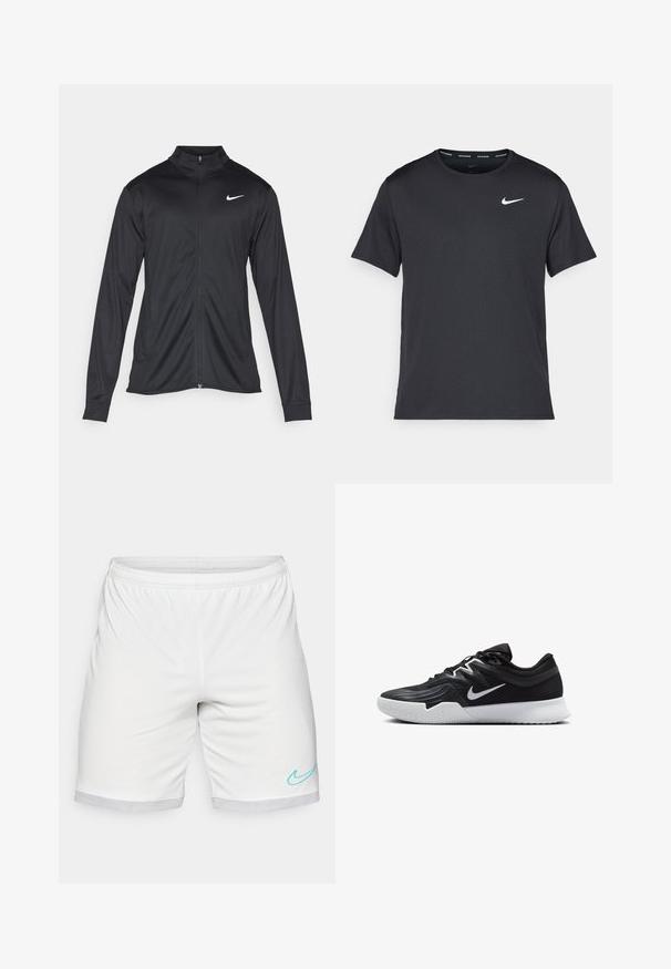 Jachetă sportivă neagră cu mâneci lungi, guler și fermoar complet. Prezintă un logo Nike subtil, alb, pe pieptul din stânga sus. Textură netedă.; Tricou de alergare Nike negru, fabricat dintr-un material ușor și respirabil, cu mâneci scurte și un mic logo alb pe piept.; Pantaloni scurți albi de sport cu un brâu elastic, cu margine din plasă și un logo Nike de culoare turcoaz în partea dreaptă jos.; Pantof sport negru cu un superior texturat, swoosh alb Nike și o tălpică din cauciuc alb. Dispune de un design cu șireturi și o formă dinamică.