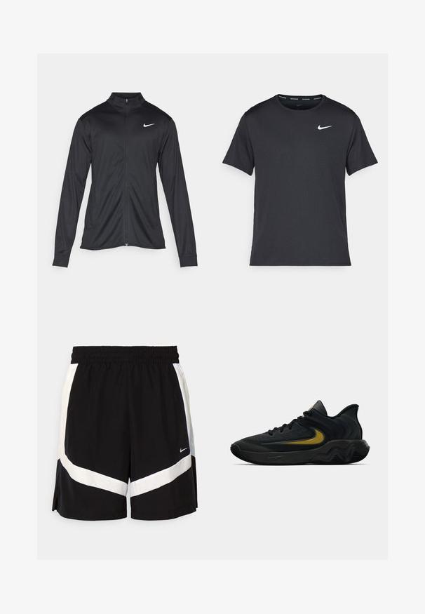 Juodas sportinis švarkas su ilgomis rankovėmis, apykakle ir pilnu užtrauktuku. Yra subtilus baltas Nike logotipas kairėje krūtinės pusėje. Lygus tekstūra.; Juodas Nike bėgimo marškinėlis, pagamintas iš lengvos, kvėpuojančios medžiagos, turintis trumpas rankoves ir mažą baltą logotipą ant krūtinės.; Juodi sportiniai šortai su elastinga juosta, su baltomis įstrižinėmis juostelėmis ir skaidriomis šoninėmis siūlėmis. Pagaminti iš lengvos medžiagos.; Juodos ir tamsiai pilkos sportinės bateliai su juodais raišteliais ir auksiniu šypsenėlių logotipu, turintys bangos formos pado dizainą ir paminkštintą kulkšnies apykaklę.