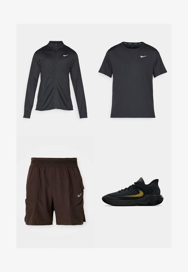 Fekete sportdzseki hosszú ujjal, gallérral és teljes cipzárral. Diszkrét fehér Nike logóval az upper bal mellen. Sima textúra.; Fekete Nike futó póló, könnyű, légáteresztő anyagból készült, rövid ujjú, és a mellkasán egy kicsi fehér logó található.; Sötétbarna sportnadrág elasztikus derékkal, oldzsebekkel és fényvisszaverő Nike logóval a jobb lábon.; Fekete és sötétszürke sportcipő fekete fűzővel és arany swoosh logóval, hullámos talpformával és párnázott sarokpánttal.