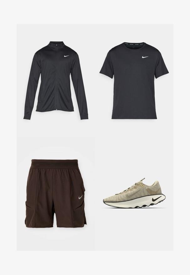 Must värvi sportlik jakk pikkade varrukatega, krae ja täispikk tõmblukk. Ülemises vasakus rinnas on diskreetne valge Nike logo. Sile tekstuur.; Mustamust Nike'i jooksupaita, mis on valmistatud kergest ja hingavast materjalist, lühikeste varrukatega ja mille rinnal on väike valge logo.; Tumed pruunid sportlikud lühikesed püksid, elastse vöökujuga, küljetaskudega ja peegeldava Nike logoga paremal jalal.; Beež treeningjalanõud tekstuurse võrgu ülaküljega, kõver valge vaheosa, must tallaga ja diskreetse kamuflaažimustriga. Omab paelu ja silmuseid.