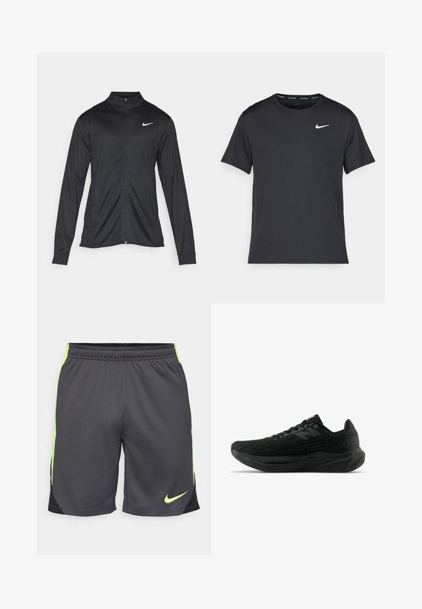 Veste de sport noire à manches longues, avec col et fermeture éclair intégrale. Présente un logo Nike subtil en blanc sur le côté supérieur gauche de la poitrine. Texture lisse.; T-shirt de course noir Nike en matériau léger et respirant, avec des manches courtes et un petit logo blanc sur la poitrine.; Shorts de sport pour hommes, fabriqués en tissu léger gris avec des accents vert fluo et un panneau latéral noir. Dotés d'une taille élastique pour le confort.; Chaussure de sport noire avec tige texturée, dotée d'un design élégant, d'un système de laçage et d'une semelle plus épaisse à crampons pour une meilleure adhérence.
