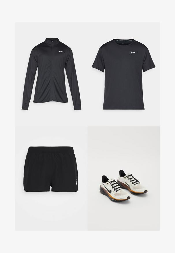 Crna sportska jakna s dugim rukavima, ovratnikom i punim patentnim zatvaračem. Ima suptilan Nike logo u bijeloj boji na gornjem lijevom dijelu prsne oznake. Glatka tekstura.; Crna Nike majica za trčanje napravljena od laganog, prozračnog materijala, s kratkim rukavima i malim bijelim logotipom na prsima.; Crne atletske kratke hlače s elastičnom trakom u struku. Napravljene od laganog materijala. Sadrže bijeli logo na donjem rubu. Jednostavan, funkcionalan dizajn.; Nike tenisice za trčanje s bijelim mrežastim gornjim dijelom, crnim vezicama, narančasto-crnim potplatom s točkastim detaljima i prozračnim dizajnom.
