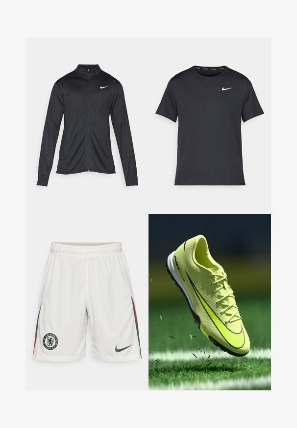 Černá sportovní bunda s dlouhými rukávy, límcem a plným zipem. Má decentní bílou logo značky Nike na horní levé části hrudi. Hladká textura.; Černé běžecké tričko Nike vyrobené z lehkého a prodyšného materiálu, s krátkými rukávy a malým bílým logem na hrudi.; Bílé fotbalové šortky s texturovanou tkaninou, elastickým pasem, logem Chelsea FC a zelenými a červenými bočními pruhy. Logo Nike na lemu.; Jasně žluté kopačky Nike Air Zoom vykopávající trávu na zeleném hřišti s bílými čarami během hry.