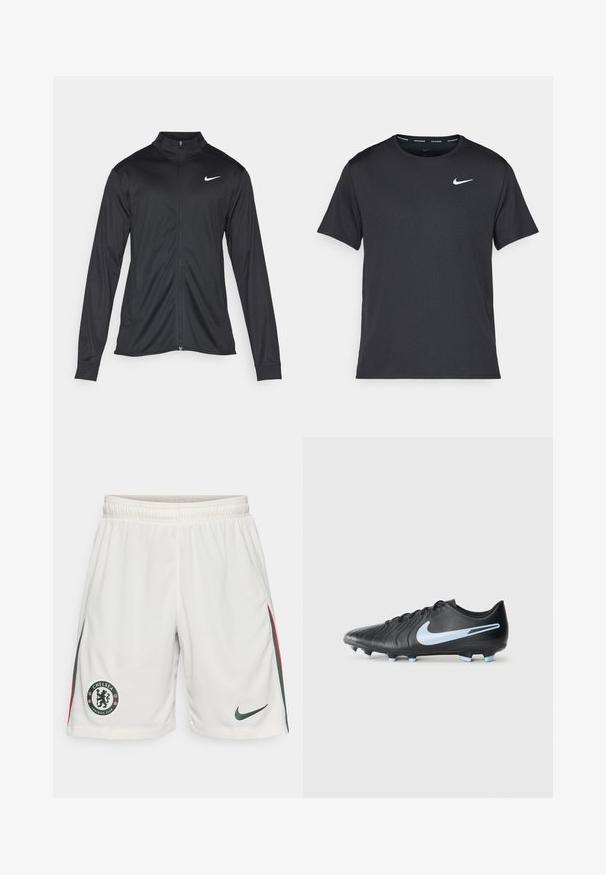 Veste de sport noire à manches longues, avec col et fermeture éclair intégrale. Présente un logo Nike subtil en blanc sur le côté supérieur gauche de la poitrine. Texture lisse.; T-shirt de course noir Nike en matériau léger et respirant, avec des manches courtes et un petit logo blanc sur la poitrine.; Shorts de football blancs avec un tissu texturé, une taille élastique, le logo de Chelsea FC et des bandes latérales vertes et rouges. Logo Nike sur l'ourlet.; Crampon de football noir avec un upper en cuir texturé, logo swoosh bleu et crampons bleu clair. Présente un design épuré et un système de laçage.
