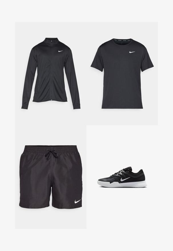 Černá sportovní bunda s dlouhými rukávy, límcem a plným zipem. Má decentní bílou logo značky Nike na horní levé části hrudi. Hladká textura.; Černé běžecké tričko Nike vyrobené z lehkého a prodyšného materiálu, s krátkými rukávy a malým bílým logem na hrudi.; Černé plavky vyrobené z lehkého materiálu. Elastický pas s tkaničkou. Na dolní pravé straně se nachází bílé logo Nike.; Černá atletická bota s texturovaným svrškem, bílým logem Nike a bílou gumovou podrážkou. Disponuje šněrovacím designem a dynamickým tvarem.