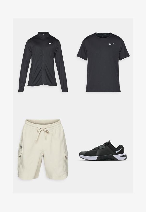 Musta urheilutakki pitkillä hihoilla, kauluksella ja kokonaisella vetoketjulla. Täydentää hienovarainen Nike-logo valkoisena vasemmassa ylärinnassa. Litteä pinta.; Musta Nike juoksupaita, joka on valmistettu kevyestä ja hengittävästä materiaalista. Paidassa on lyhyet hihnat ja pieni valkoinen logo rinnassa.; Vaaleanbeige cargo-shortsit, joissa on joustava vyötärö ja naru. Sivuilla on kaksi taskua ja vasemmalla puolella logo. Tasainen kangasmateriaali.; Nike Performance METCON 10 - Treenikenkä - black/white/anthracite