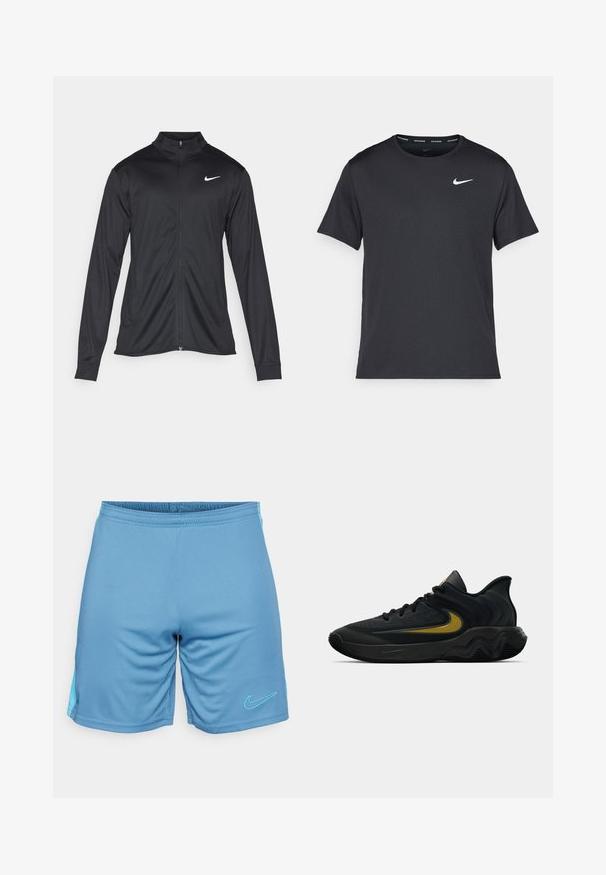 Melna sporta jaka ar garām piedurknēm, apkakli un pilnu rāvējslēdzēju. Uz kreisā krūts augšdaļas ir maigs Nike logo baltā krāsā. Gluda tekstūra.; Melna Nike skriešanas T-kreklā, kas izgatavots no viegla un elpojoša materiāla, ar īsām piedurknēm un mazu baltu logo uz krūtīm.; Zilā sporta bikses ar gludu, vieglu audumu. Tām ir elastīga josta un kontrastējoša tirkīza sānu paneļa ar logotipu.; Melna un tumši pelēka sporta apavu pāris ar melnām auklām un zelta Swoosh logo, ar viļņotu zolītes dizainu un polsterētu papēdi.