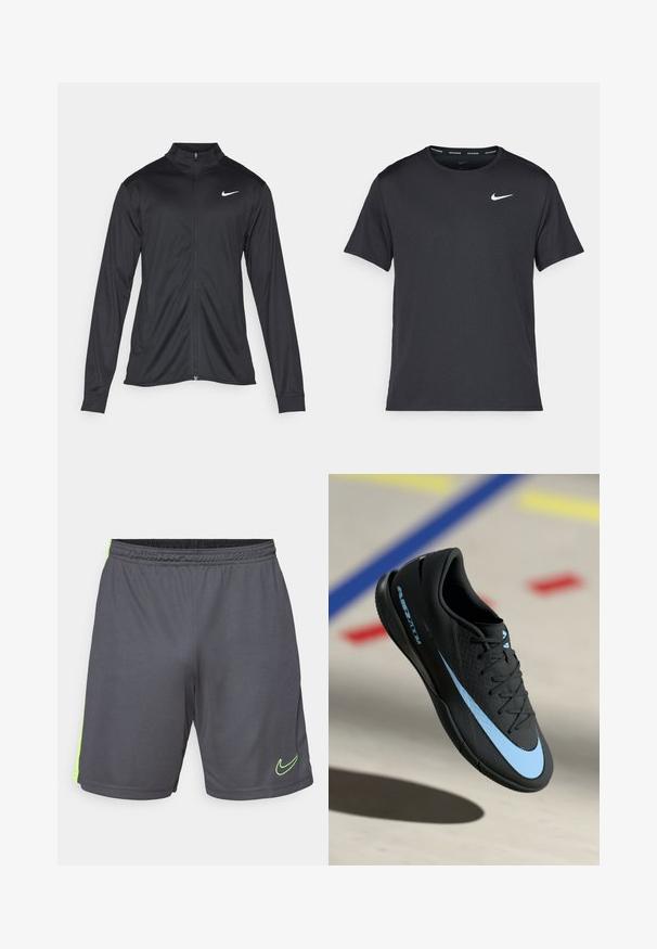 Jachetă sportivă neagră cu mâneci lungi, guler și fermoar complet. Prezintă un logo Nike subtil, alb, pe pieptul din stânga sus. Textură netedă.; Tricou de alergare Nike negru, fabricat dintr-un material ușor și respirabil, cu mâneci scurte și un mic logo alb pe piept.; Nike Performance SHORT - Pantaloni scurți sport - anthracite/volt; Pantof de sport negru cu accente albastre, suprafață texturată, design cu șireturi și logo-ul distinctiv Nike. Talpă din cauciuc cu modele de aderență.