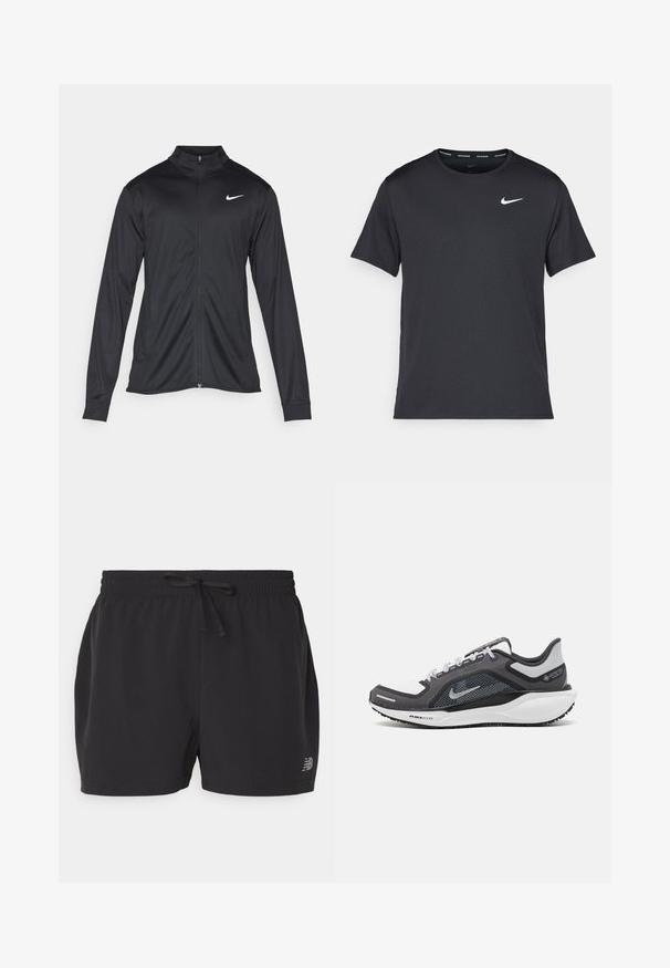 Black athletic jacket with long sleeves, collar, and full zipper. Features a subtle Nike logo in white on the upper left chest. Smooth texture.; Black Nike running T-shirt made of lightweight, breathable material, featuring short sleeves and a small white logo on the chest.; Black athletic shorts made of lightweight fabric, featuring an elastic waistband with drawstring, and a subtle logo at the bottom left.; Black and gray athletic shoe with a mesh upper, reflective accents, and a white midsole. Features textured rubber outsole and laces.
