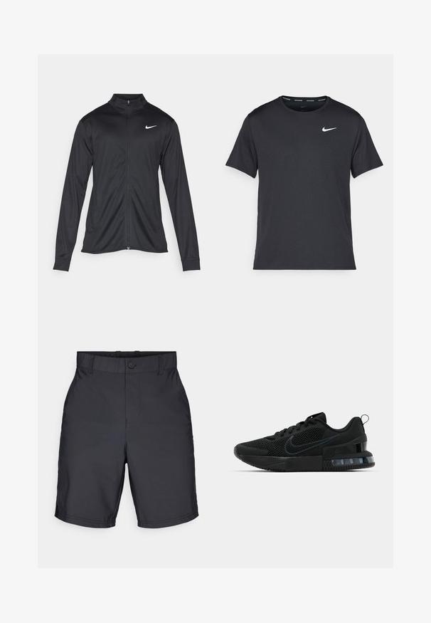Melna sporta jaka ar garām piedurknēm, apkakli un pilnu rāvējslēdzēju. Uz kreisā krūts augšdaļas ir maigs Nike logo baltā krāsā. Gluda tekstūra.; Melna Nike skriešanas T-kreklā, kas izgatavots no viegla un elpojoša materiāla, ar īsām piedurknēm un mazu baltu logo uz krūtīm.; Melnas peldbikses ar gludu tekstūru, elastīgu jostasvietu ar pogu aizdari un vienkāršu, taisnu dizainu.; Melnas Nike sporta kurpes ar sietu augšpusi, gumijas zoli, polsterētu apkakli un izteiktu caurspīdīgu papēdi.