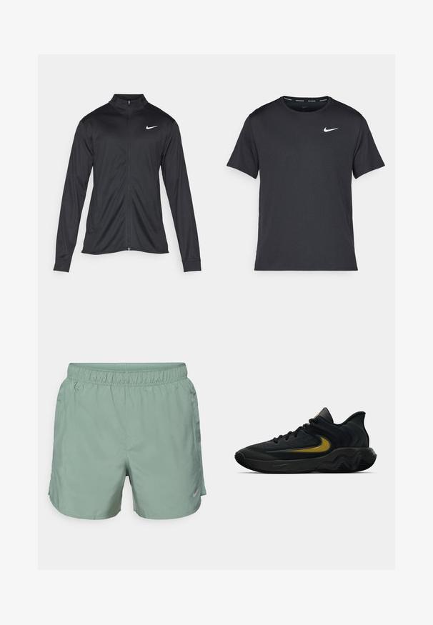 Must värvi sportlik jakk pikkade varrukatega, krae ja täispikk tõmblukk. Ülemises vasakus rinnas on diskreetne valge Nike logo. Sile tekstuur.; Mustamust Nike'i jooksupaita, mis on valmistatud kergest ja hingavast materjalist, lühikeste varrukatega ja mille rinnal on väike valge logo.; Heledad rohelised sportlikud lühikesed püksid siledast kangast, millel on elastne vöökoht ja alapoole asetatud diskreetne logo.; Mustmust värvi ja tumeda halli sportlik king, millel on mustad paelad ja kuldne swooshi logo, ning laineline tald ja pehmendatud kand.
