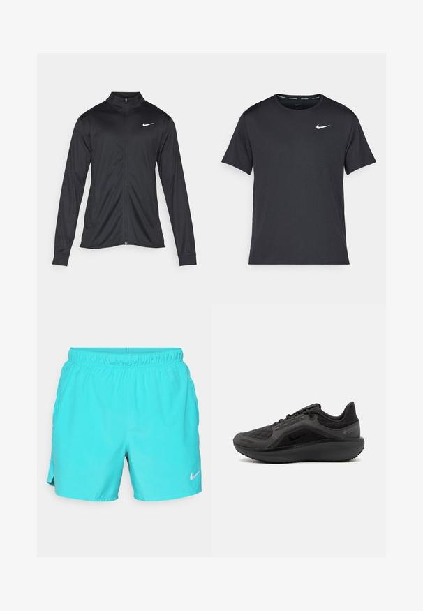 Chaqueta atlética negra con mangas largas, collar y cremallera completa. Presenta un sutil logo de Nike en blanco en la parte superior izquierda del pecho. Textura suave.; Camiseta de running negra de Nike, hecha de material ligero y transpirable, con mangas cortas y un pequeño logo blanco en el pecho.; Pantalones cortos deportivos turquesa hechos de un tejido ligero. Cuentan con una cintura elástica y un logotipo de Nike blanco en la parte inferior de la pierna derecha.; Zapatilla deportiva negra con una parte superior acolchada texturizada, diseño elegante y suela de goma negra. Presenta un logo visible y la marca Gore-Tex.