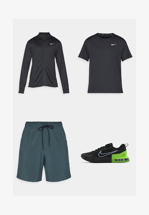 Chaqueta atlética negra con mangas largas, collar y cremallera completa. Presenta un sutil logo de Nike en blanco en la parte superior izquierda del pecho. Textura suave.; Camiseta de running negra de Nike, hecha de material ligero y transpirable, con mangas cortas y un pequeño logo blanco en el pecho.; Bañadores de hombre en tela verde azulado oscuro con cintura elástica, cordón ajustable y bolsillos laterales. Logo de Nike en el dobladillo inferior.; Zapatilla deportiva negra con parte superior de malla, que presenta una suela verde y negra con amortiguación de aire y un logotipo de swoosh de Nike en blanco.