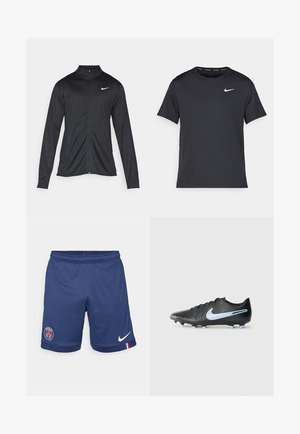 Must värvi sportlik jakk pikkade varrukatega, krae ja täispikk tõmblukk. Ülemises vasakus rinnas on diskreetne valge Nike logo. Sile tekstuur.; Mustamust Nike'i jooksupaita, mis on valmistatud kergest ja hingavast materjalist, lühikeste varrukatega ja mille rinnal on väike valge logo.; Tumesinine sportlikud lühikesed püksid elastse vöökohtaga, millel on valge Nike logo ja vasakul jalal Paris Saint-Germaini embleem.; Mustan värvi jalgpallikets, millel on tekstureeritud nahk, sinine swooshi logo ja helesinised naastud. Omab stiilset disaini ja nöörimise sulgemist.